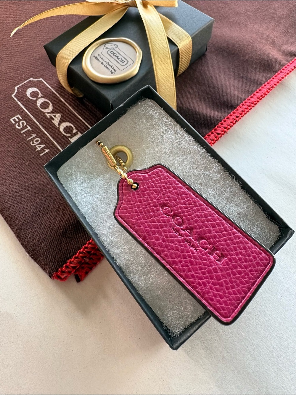 🍓 NEW Coach Berry Magenta Crossgrain Leather HangTag Bag Charm & STAMPED Chain